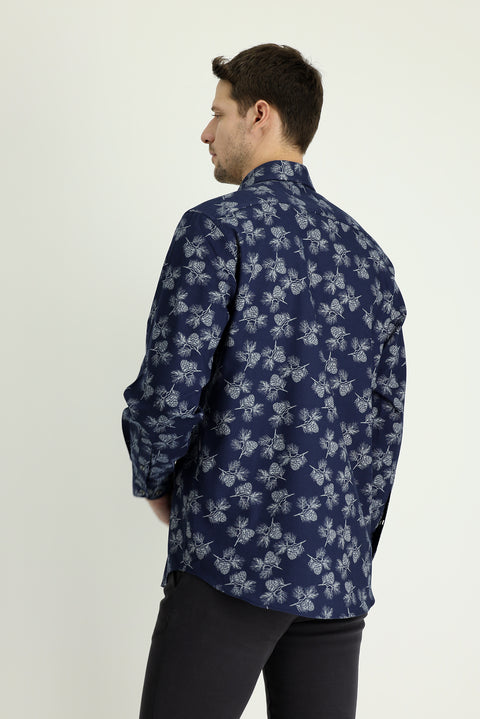 Dark Navy Long Sleeve Regular Fit Printed Cotton Shirt