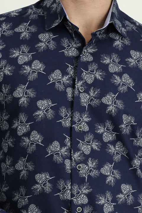 Dark Navy Long Sleeve Regular Fit Printed Cotton Shirt