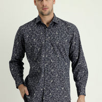 Dark Navy Long Sleeve Regular Fit Printed Shirt