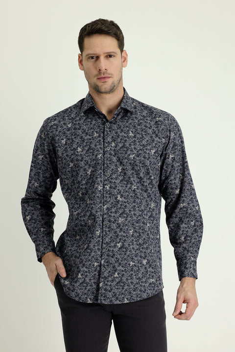 Dark Navy Long Sleeve Regular Fit Printed Shirt