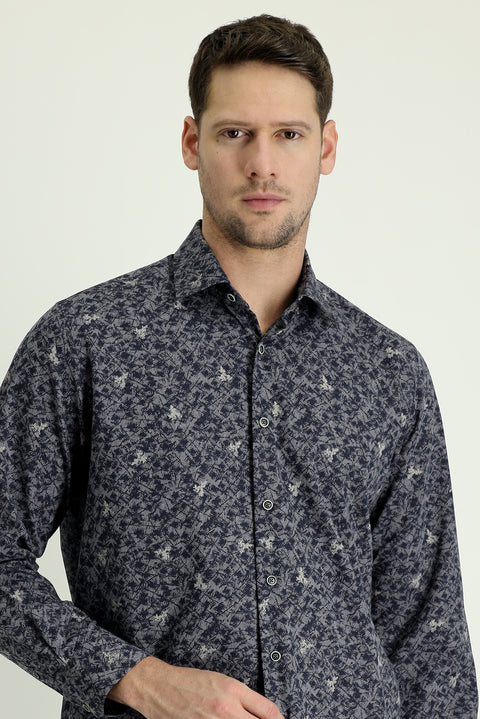 Dark Navy Long Sleeve Regular Fit Printed Shirt
