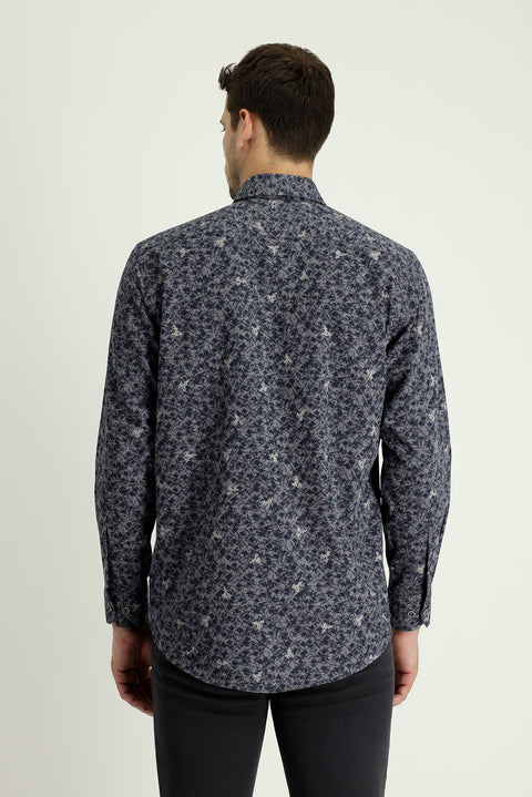 Dark Navy Long Sleeve Regular Fit Printed Shirt
