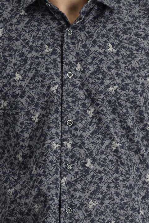 Dark Navy Long Sleeve Regular Fit Printed Shirt