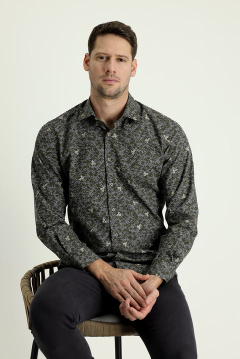 Medium Khaki Long Sleeve Regular Fit Printed Cotton Shirt