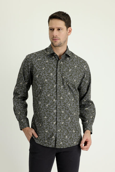 Medium Khaki Long Sleeve Regular Fit Printed Cotton Shirt