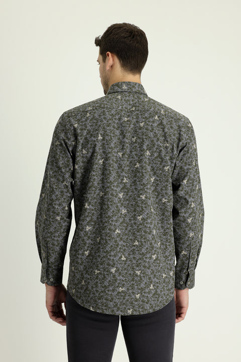 Medium Khaki Long Sleeve Regular Fit Printed Cotton Shirt