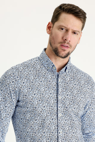  Açık Mavi Uzun Kol Slim Fit Dar Kesim Baskılı Pamuk Gömlek