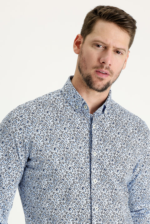 Light Blue Long Sleeve Slim Fit Printed Cotton Shirt
