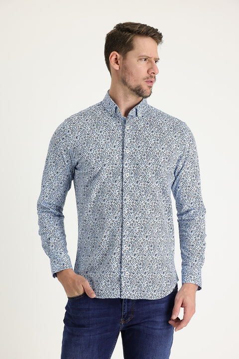 Light Blue Long Sleeve Slim Fit Printed Cotton Shirt