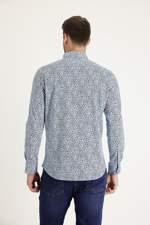 Light Blue Long Sleeve Slim Fit Printed Cotton Shirt