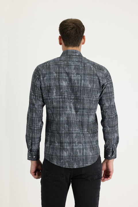 Koyu Antrasit Uzun Kol Slim Fit Dar Kesim Baskılı Pamuk Gömlek
