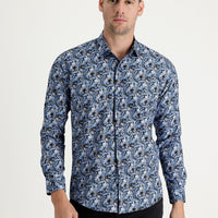 Dark Blue Long Sleeve Slim Fit Printed Cotton Shirt