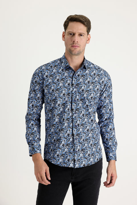 Dark Blue Long Sleeve Slim Fit Printed Cotton Shirt