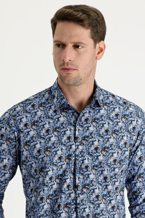 Dark Blue Long Sleeve Slim Fit Printed Cotton Shirt
