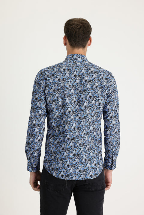 Dark Blue Long Sleeve Slim Fit Printed Cotton Shirt
