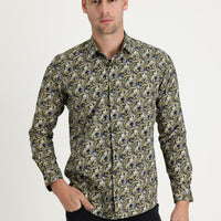 Hardal Uzun Kol Slim Fit Dar Kesim Baskılı Pamuk Gömlek