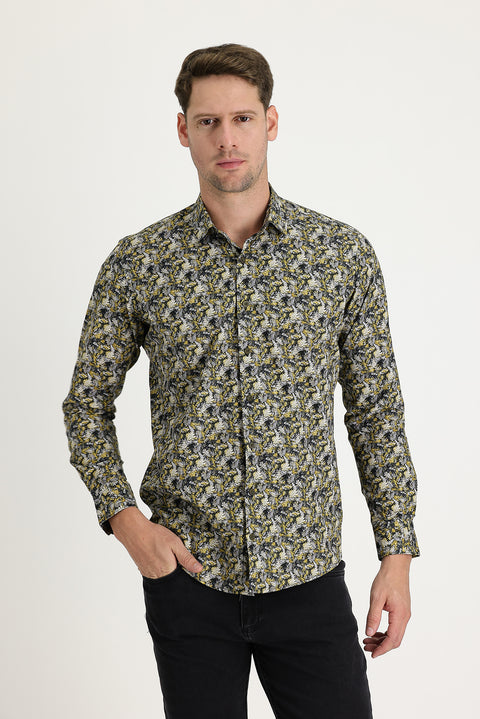 Hardal Uzun Kol Slim Fit Dar Kesim Baskılı Pamuk Gömlek