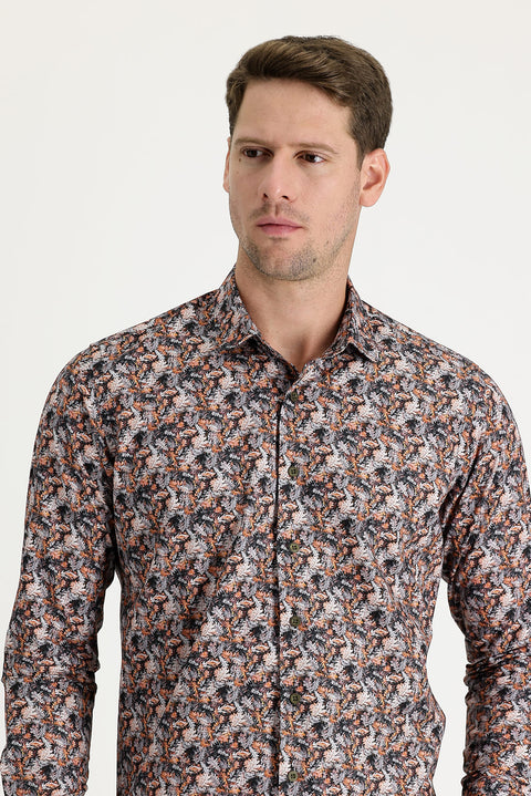 Medium Orange Long Sleeve Slim Fit Printed Cotton Shirt
