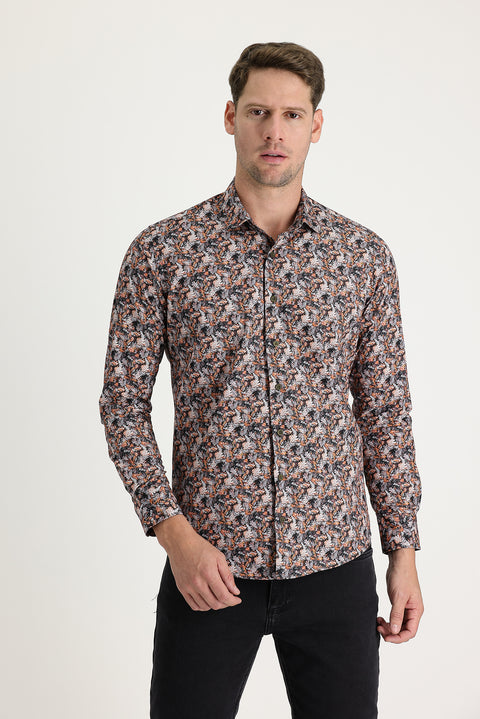 Medium Orange Long Sleeve Slim Fit Printed Cotton Shirt