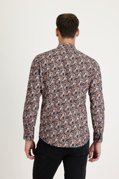 Medium Orange Long Sleeve Slim Fit Printed Cotton Shirt