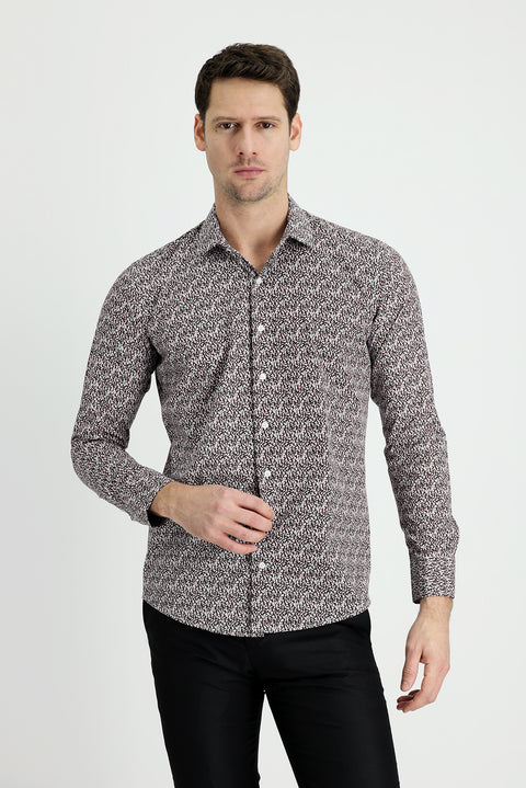 Siyah Uzun Kol Slim Fit Dar Kesim Baskılı Pamuk Gömlek