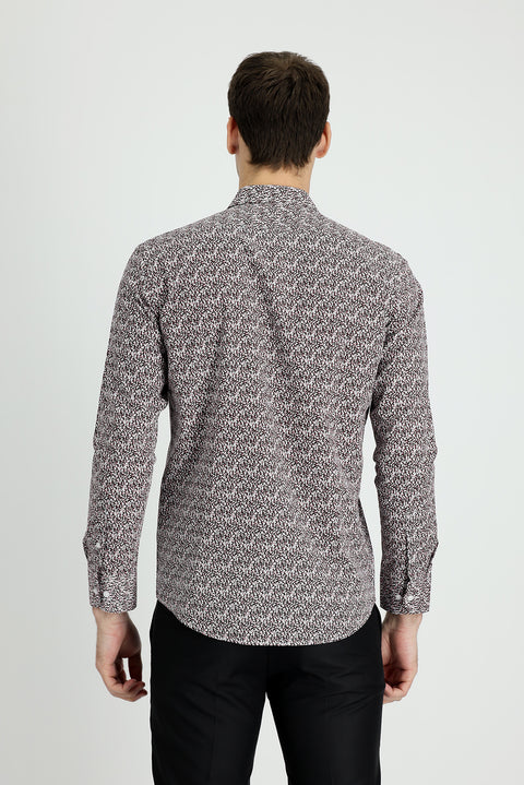 Siyah Uzun Kol Slim Fit Dar Kesim Baskılı Pamuk Gömlek