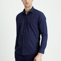 Dark Navy Long Sleeve Slim Fit Printed Cotton Shirt