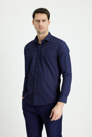  Koyu Lacivert Uzun Kol Slim Fit Dar Kesim Baskılı Pamuk Gömlek