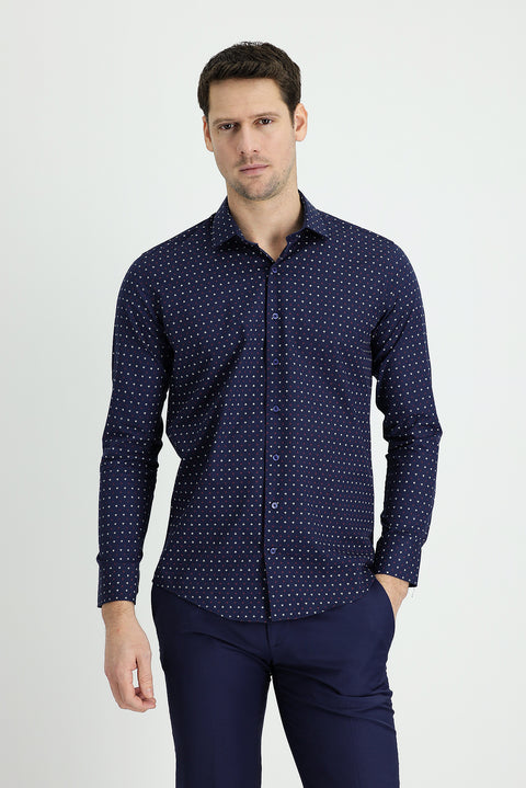 Dark Navy Long Sleeve Slim Fit Printed Cotton Shirt