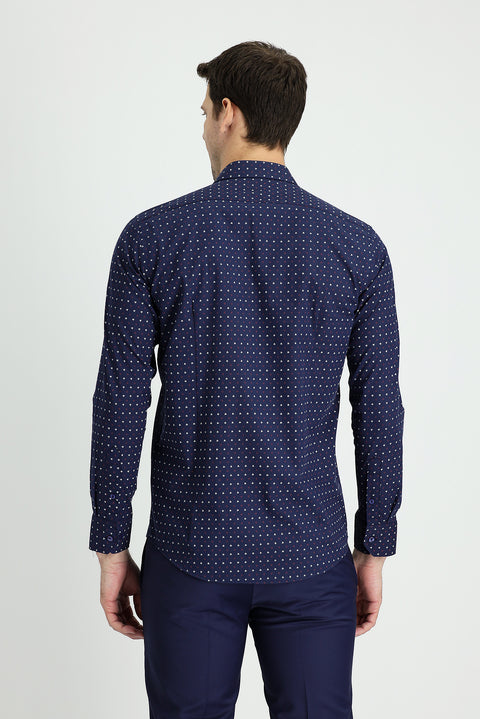 Dark Navy Long Sleeve Slim Fit Printed Cotton Shirt