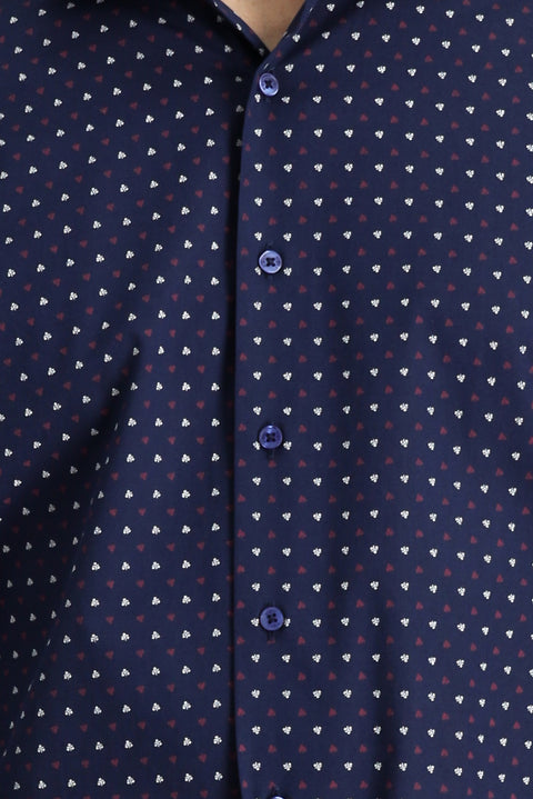 Dark Navy Long Sleeve Slim Fit Printed Cotton Shirt
