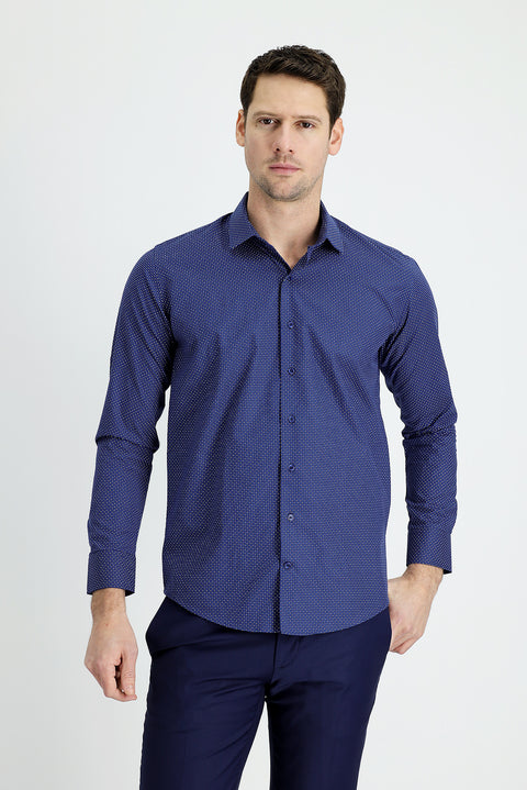 Medium Navy Long Sleeve Slim Fit Printed Cotton Shirt