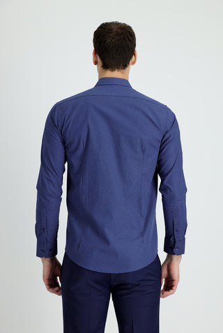  Orta Lacivert Uzun Kol Slim Fit Dar Kesim Baskılı Pamuk Gömlek