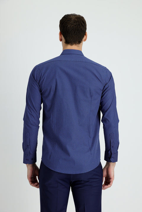 Medium Navy Long Sleeve Slim Fit Printed Cotton Shirt