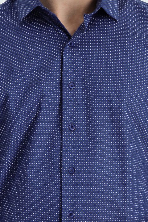 Medium Navy Long Sleeve Slim Fit Printed Cotton Shirt