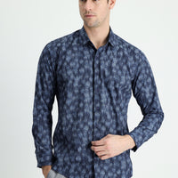 Dark Navy Long Sleeve Slim Fit Printed Cotton Shirt