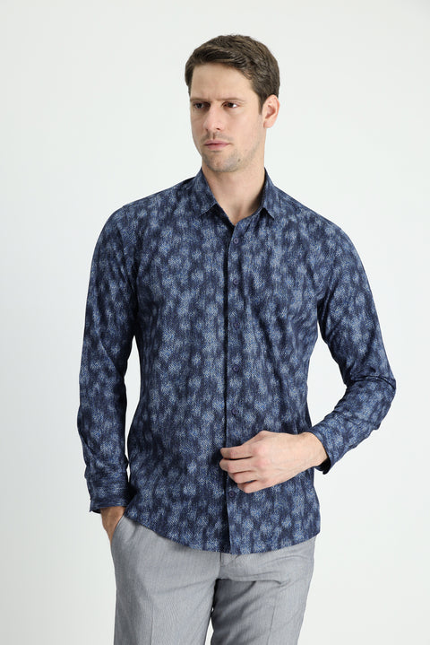 Dark Navy Long Sleeve Slim Fit Printed Cotton Shirt