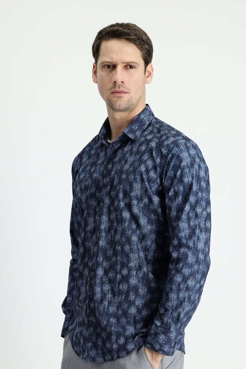 Dark Navy Long Sleeve Slim Fit Printed Cotton Shirt