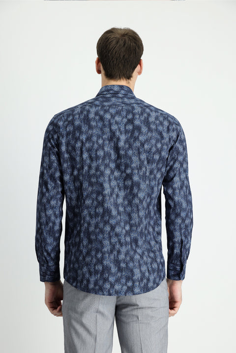 Dark Navy Long Sleeve Slim Fit Printed Cotton Shirt