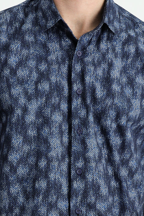 Dark Navy Long Sleeve Slim Fit Printed Cotton Shirt