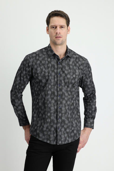 Koyu Antrasit Uzun Kol Slim Fit Dar Kesim Baskılı Pamuk Gömlek