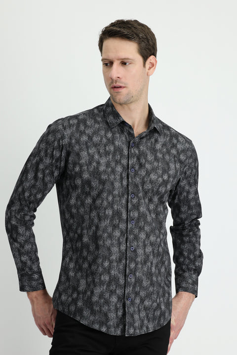 Koyu Antrasit Uzun Kol Slim Fit Dar Kesim Baskılı Pamuk Gömlek
