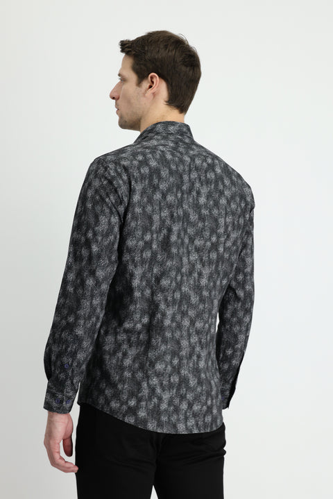 Koyu Antrasit Uzun Kol Slim Fit Dar Kesim Baskılı Pamuk Gömlek