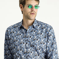Dark Blue Long Sleeve Slim Fit Printed Cotton Shirt