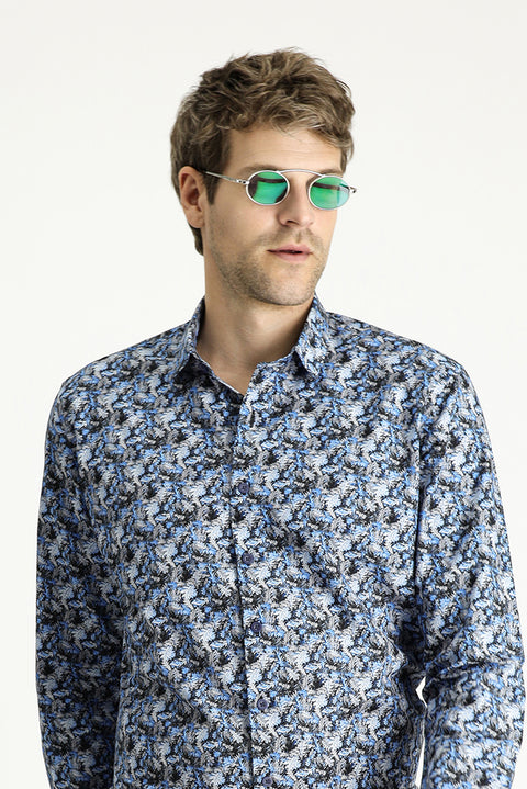 Dark Blue Long Sleeve Slim Fit Printed Cotton Shirt