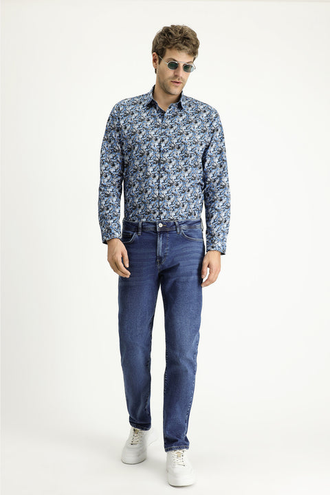 Dark Blue Long Sleeve Slim Fit Printed Cotton Shirt