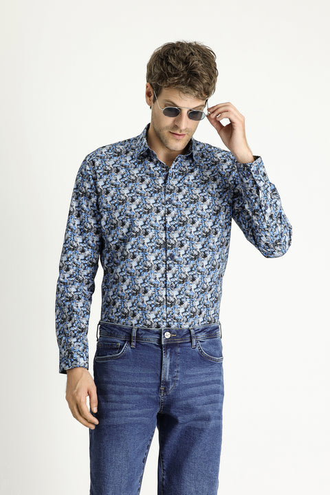 Dark Blue Long Sleeve Slim Fit Printed Cotton Shirt