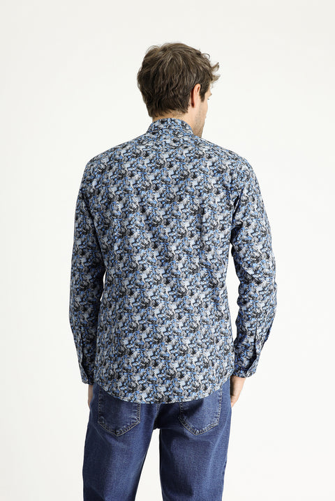 Dark Blue Long Sleeve Slim Fit Printed Cotton Shirt