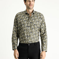 Mustard Yellow Long Sleeve Slim Fit Printed Cotton Shirt