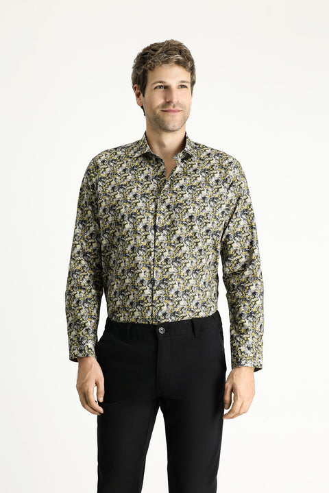 Mustard Yellow Long Sleeve Slim Fit Printed Cotton Shirt